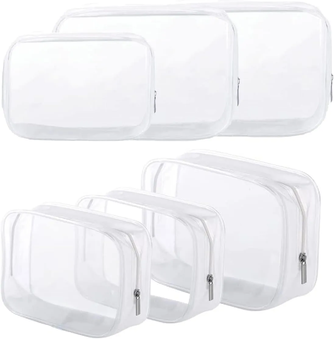 6 Pack Clear Toiletry Carry Pouch with Zipper Portable Plastic Waterproof Cosmetic Bag TSA Approved for Vacation Travel Bathroom and Organizing (White, Small and Large)