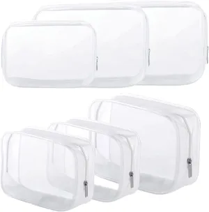 6 Pack Clear Toiletry Carry Pouch with Zipper Portable Plastic Waterproof Cosmetic Bag TSA Approved for Vacation Travel Bathroom and Organizing (White, Small and Large)