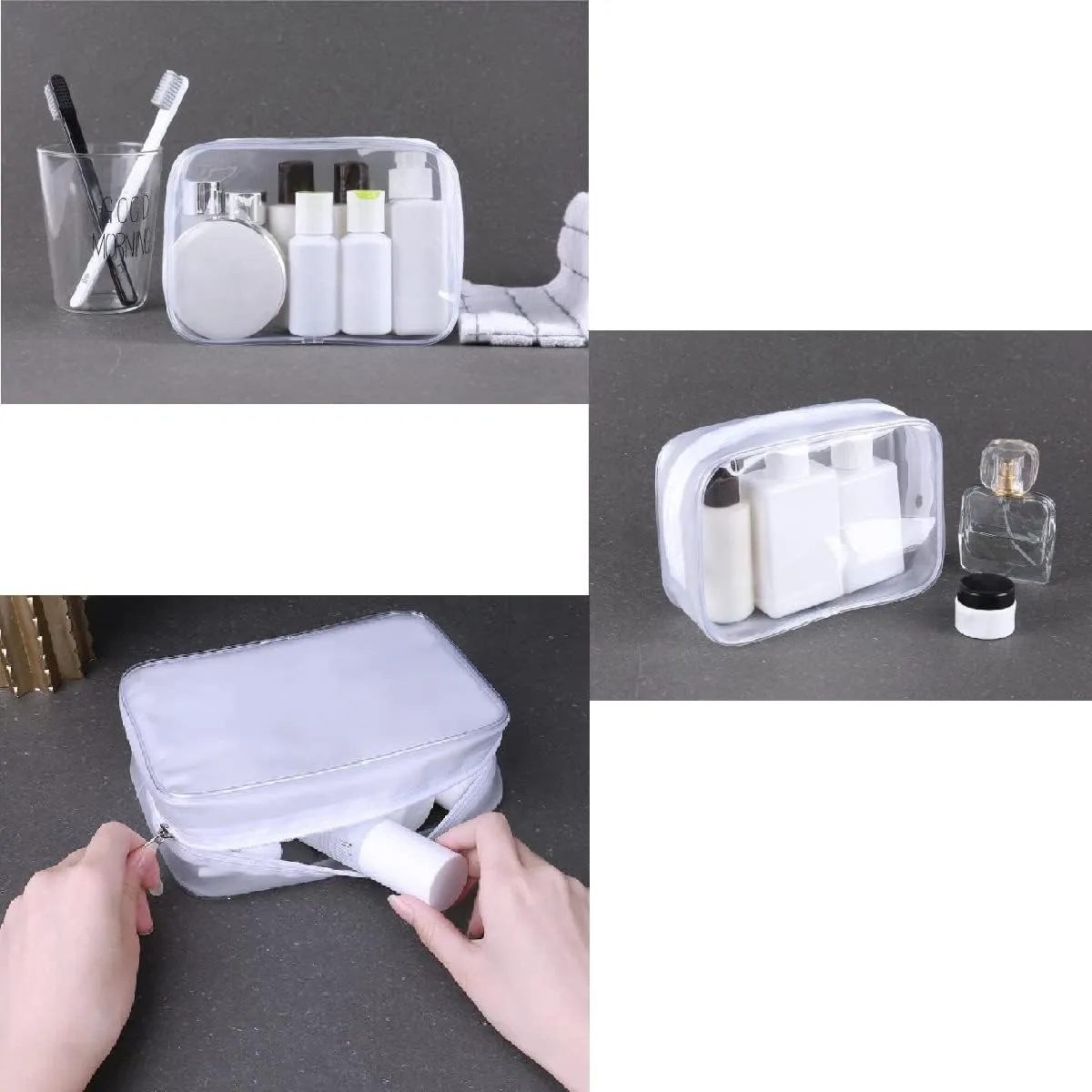 6 Pack Clear Toiletry Carry Pouch with Zipper Portable Plastic Waterproof Cosmetic Bag TSA Approved for Vacation Travel Bathroom and Organizing (White, Small and Large)