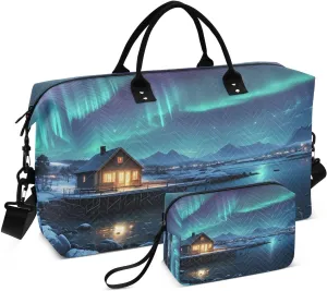 Aurora Cabin Snowmountain Blue Travel Duffel Bag with Toiletry Bag Weekender Bag for Carry on Sports Gym Bag for Overnight Weekend