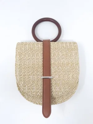 Beige Brown Straw Clutch Handbag
