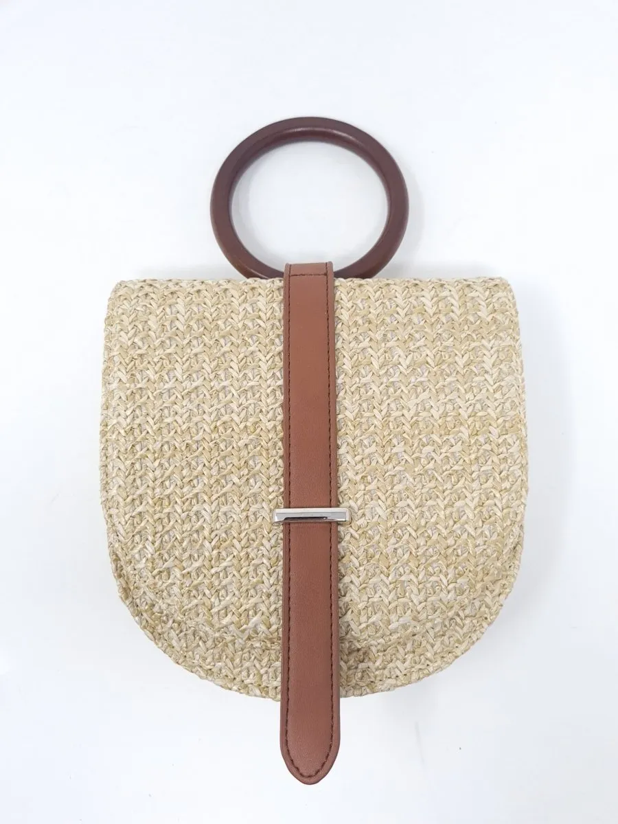 Beige Brown Straw Clutch Handbag