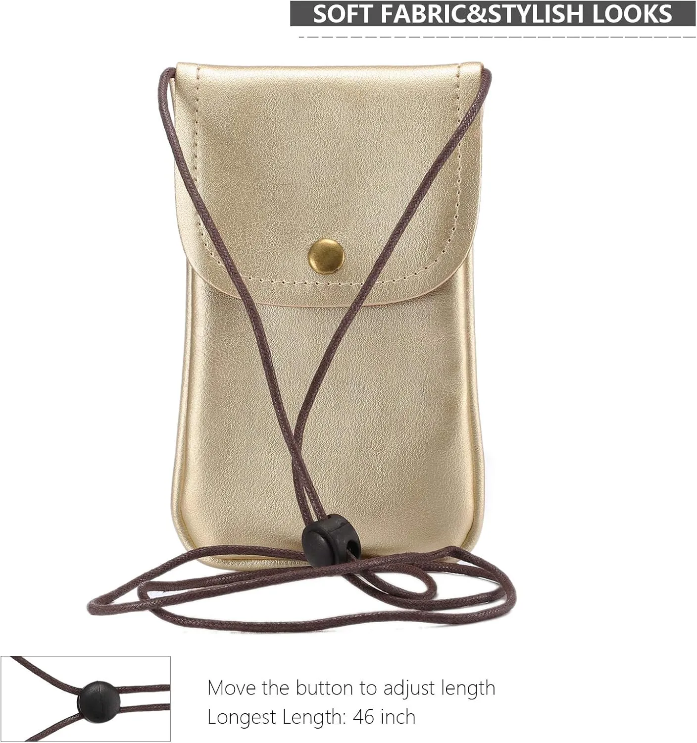 Cell Phone Neck Pouch, PU Leather Carrying Bag with Credit Card Holder Adjustable Strap, Small Travel Purse for iPhone 11 XR XS Max SE 8 7 6 Plus, Galaxy S10 S7 Edge A10 J7, Moto G6 (Gold)