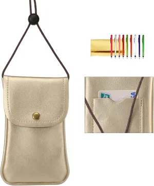 Cell Phone Neck Pouch, PU Leather Carrying Bag with Credit Card Holder Adjustable Strap, Small Travel Purse for iPhone 11 XR XS Max SE 8 7 6 Plus, Galaxy S10 S7 Edge A10 J7, Moto G6 (Gold)