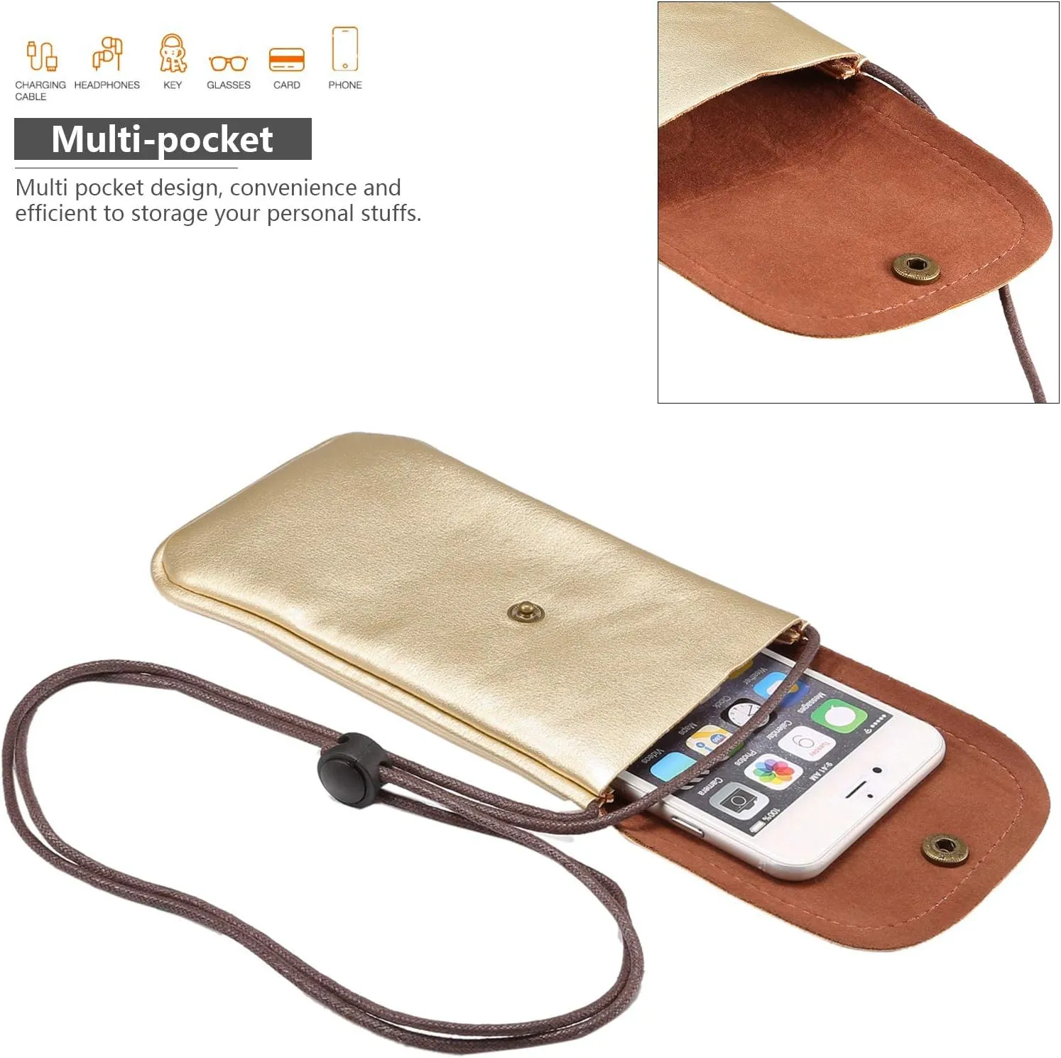 Cell Phone Neck Pouch, PU Leather Carrying Bag with Credit Card Holder Adjustable Strap, Small Travel Purse for iPhone 11 XR XS Max SE 8 7 6 Plus, Galaxy S10 S7 Edge A10 J7, Moto G6 (Gold)