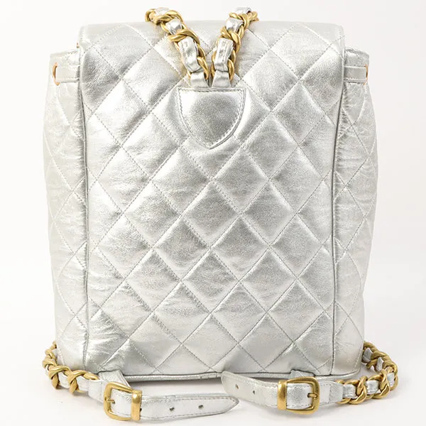 Chanel Around 1992 Made Double Turn-Lock Backpack Silver