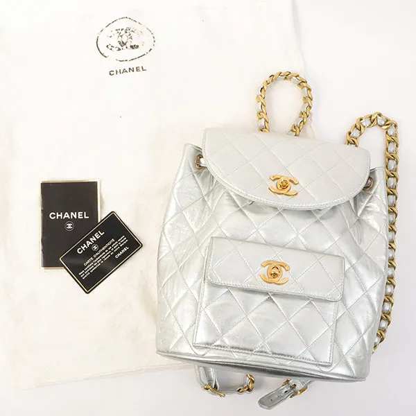 Chanel Around 1992 Made Double Turn-Lock Backpack Silver