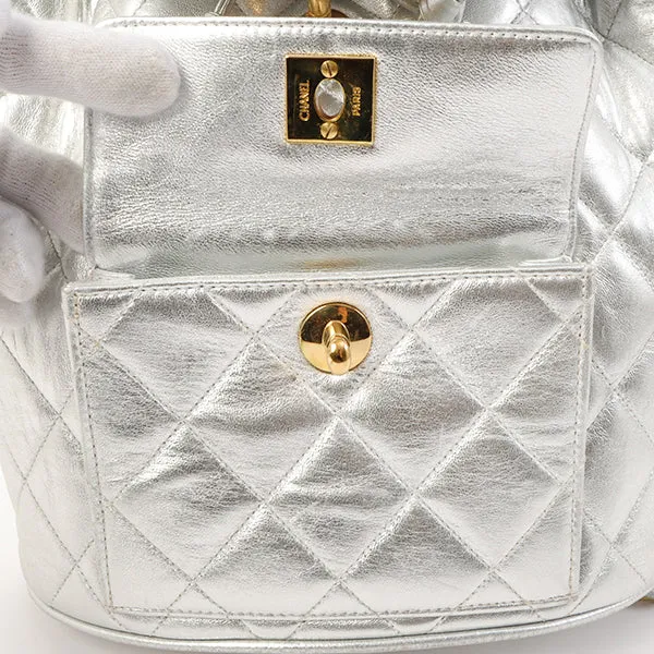 Chanel Around 1992 Made Double Turn-Lock Backpack Silver