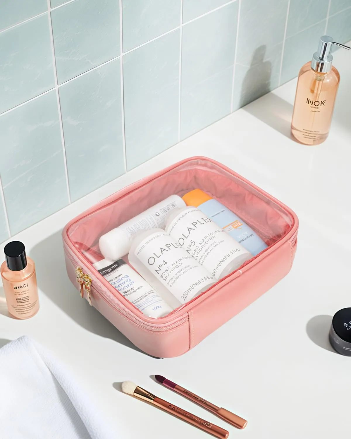 Clear Makeup Bags Large - TSA Approved Clear Toiletry Bag,Travel Size Toiletries Clear Cosmetic Bags Travel Accessories Purse Essentials Pink Car Accessories for Women Men (Large Pink)