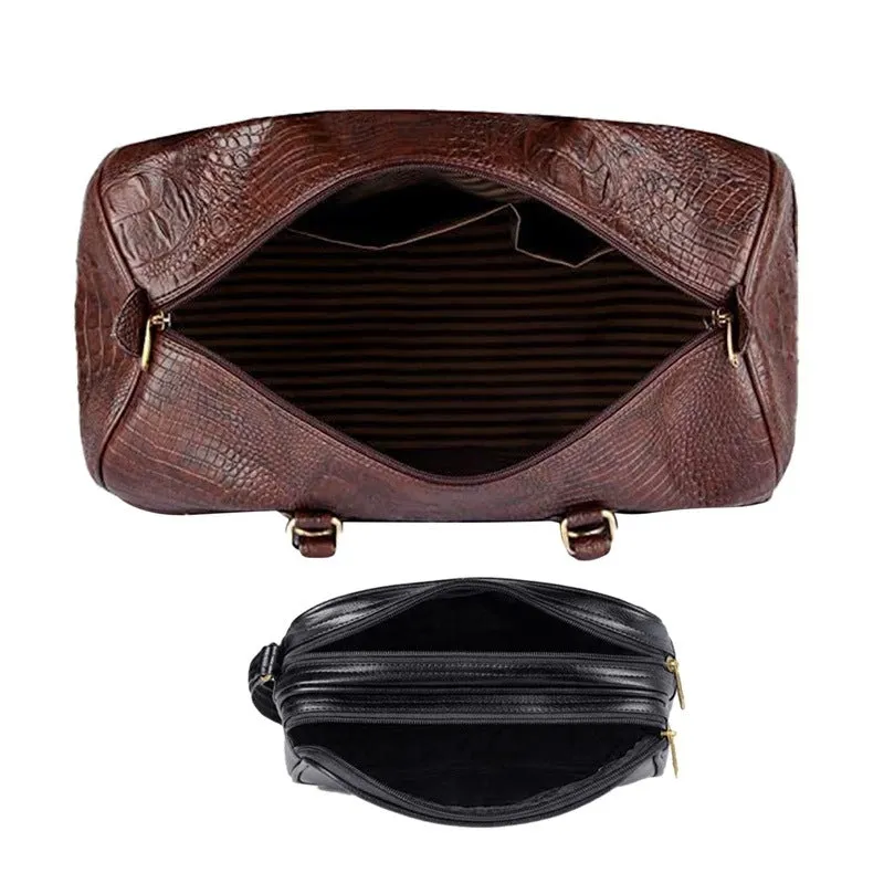 Combo: Travel Pouch Cash Money Pouch & Crocodile Faux Leather Duffle Bag | 34 LTR | Black & Dark Brown