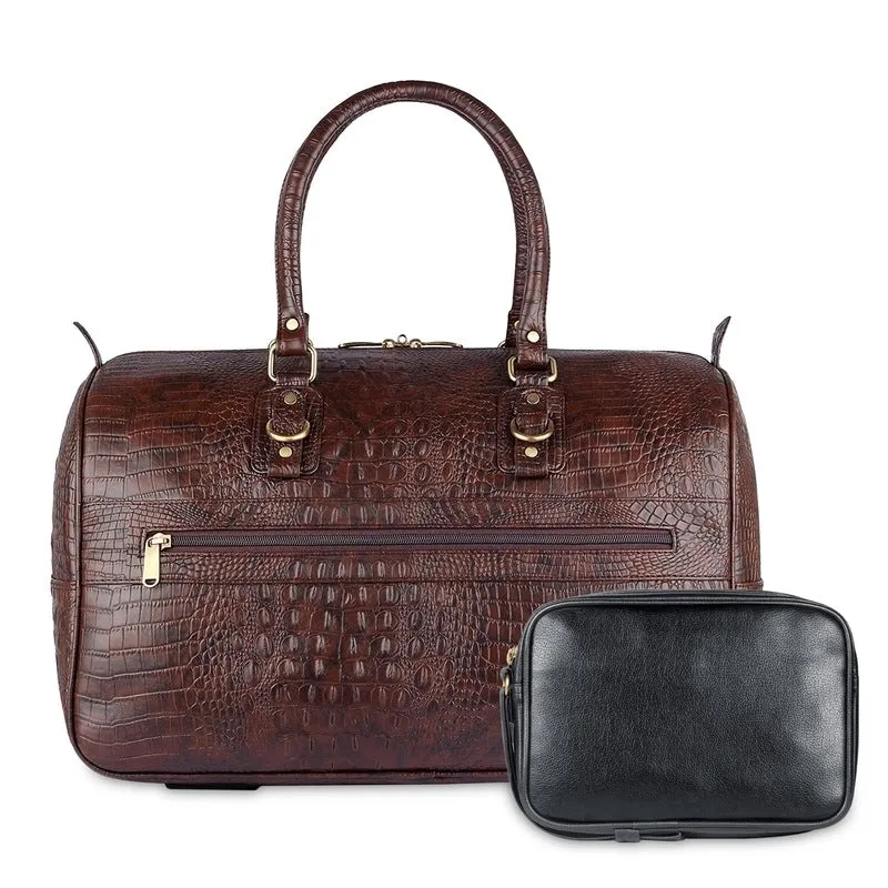 Combo: Travel Pouch Cash Money Pouch & Crocodile Faux Leather Duffle Bag | 34 LTR | Black & Dark Brown
