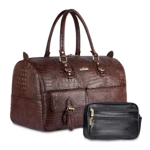 Combo: Travel Pouch Cash Money Pouch & Crocodile Faux Leather Duffle Bag | 34 LTR | Black & Dark Brown