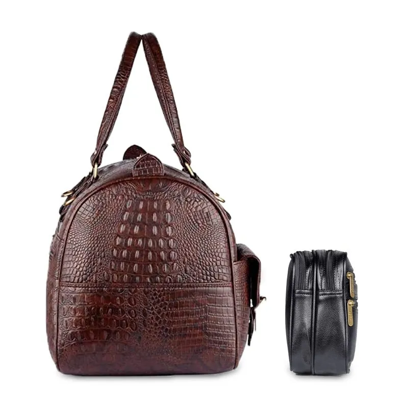 Combo: Travel Pouch Cash Money Pouch & Crocodile Faux Leather Duffle Bag | 34 LTR | Black & Dark Brown