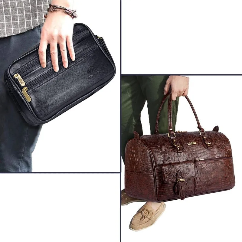 Combo: Travel Pouch Cash Money Pouch & Crocodile Faux Leather Duffle Bag | 34 LTR | Black & Dark Brown