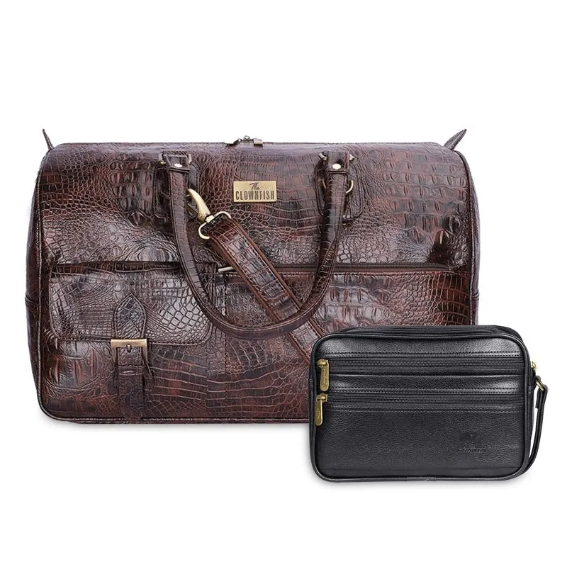 Combo: Travel Pouch Cash Money Pouch & Crocodile Faux Leather Duffle Bag | 34 LTR | Black & Dark Brown