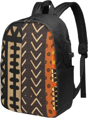 Contemporary African Mud Cloth Print Usb Travel Laptop Backpack  Durable Polyester Backbag With Charging Port & Headphone Jack