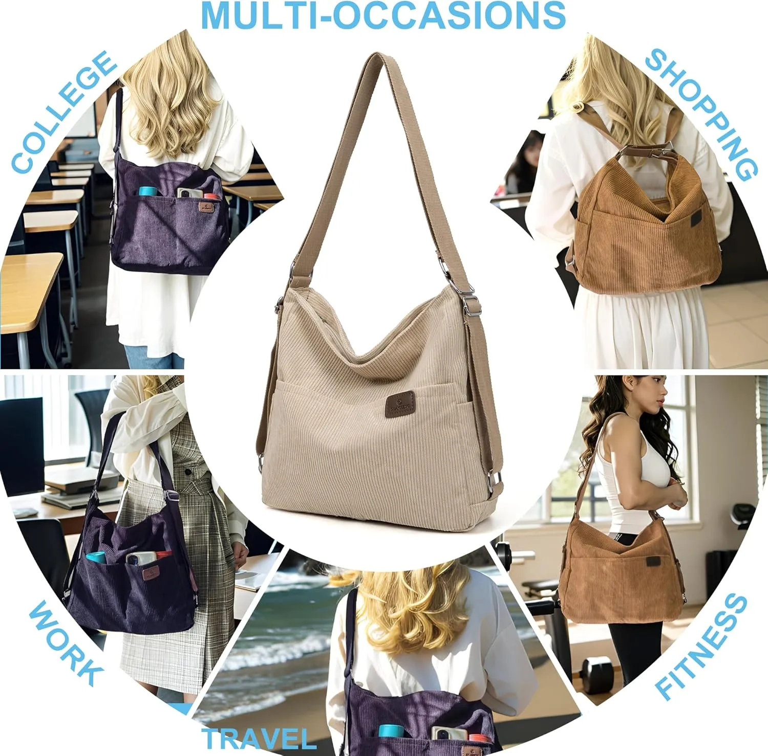 Corduroy Tote Backpack Crossbody Bag for Women, Convertible Shoulder Bags Designer Handbag for College, Work
