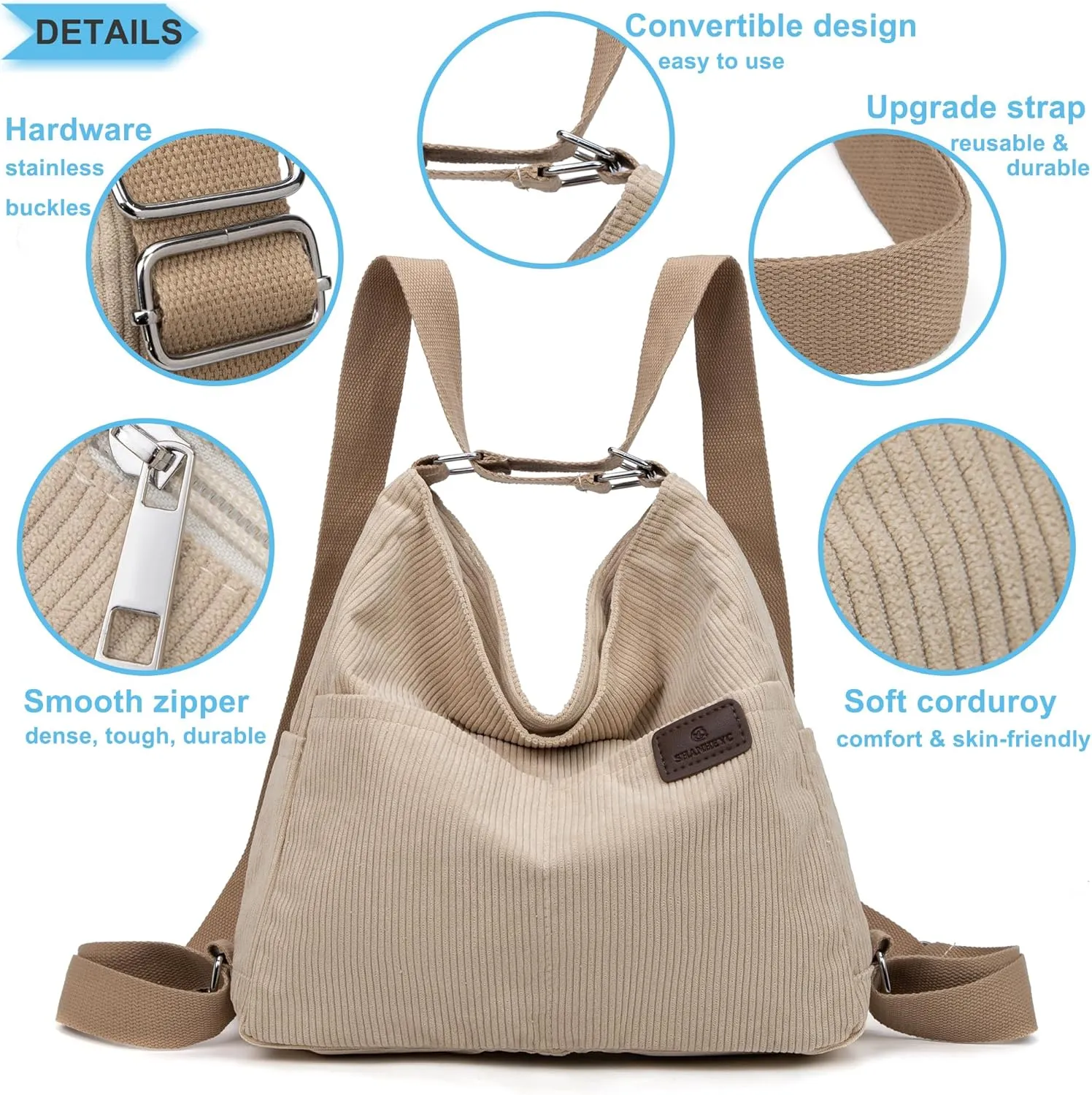 Corduroy Tote Backpack Crossbody Bag for Women, Convertible Shoulder Bags Designer Handbag for College, Work