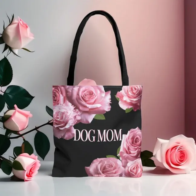 Elegant Dog Mom Pink Roses Tote Bag, Black or White