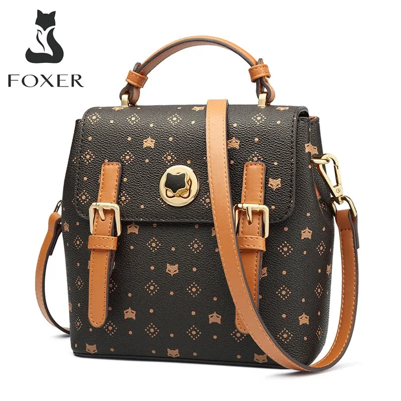 FOXER Women's Monogram Printing Outdoor Backpack Lady Classical Satchel Signature Female PVC Leather Vintage Travel Rucksack