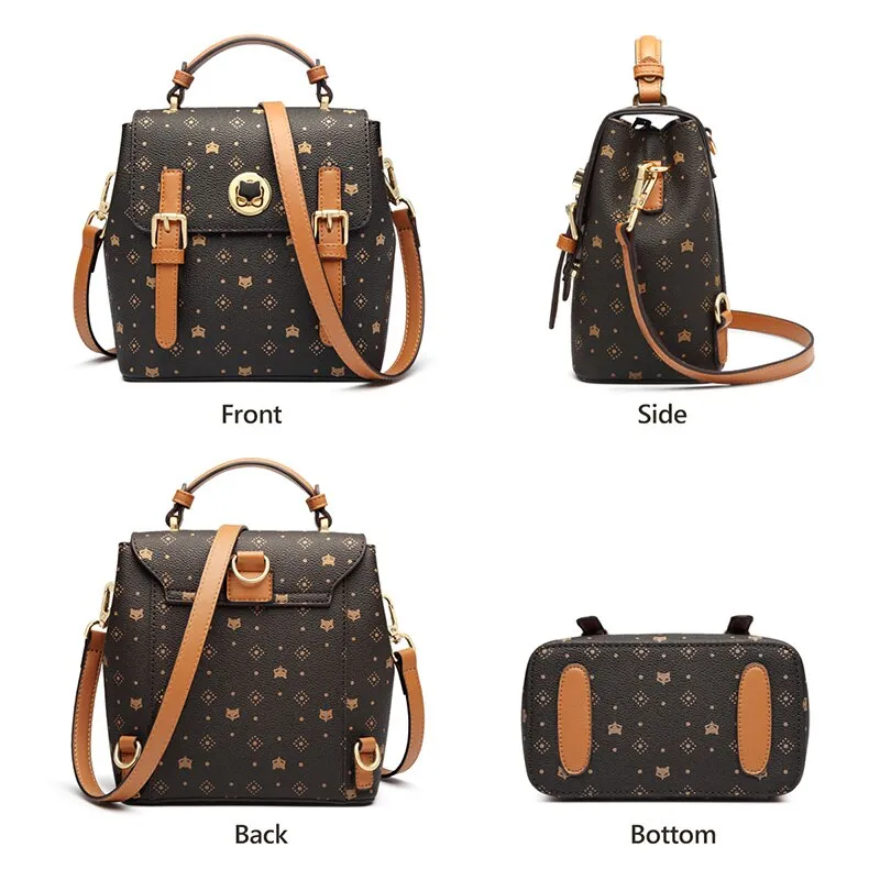 FOXER Women's Monogram Printing Outdoor Backpack Lady Classical Satchel Signature Female PVC Leather Vintage Travel Rucksack