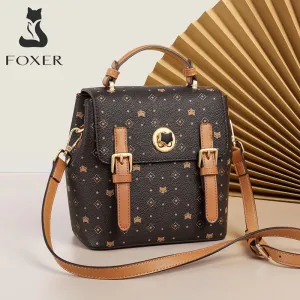 FOXER Women's Monogram Printing Outdoor Backpack Lady Classical Satchel Signature Female PVC Leather Vintage Travel Rucksack