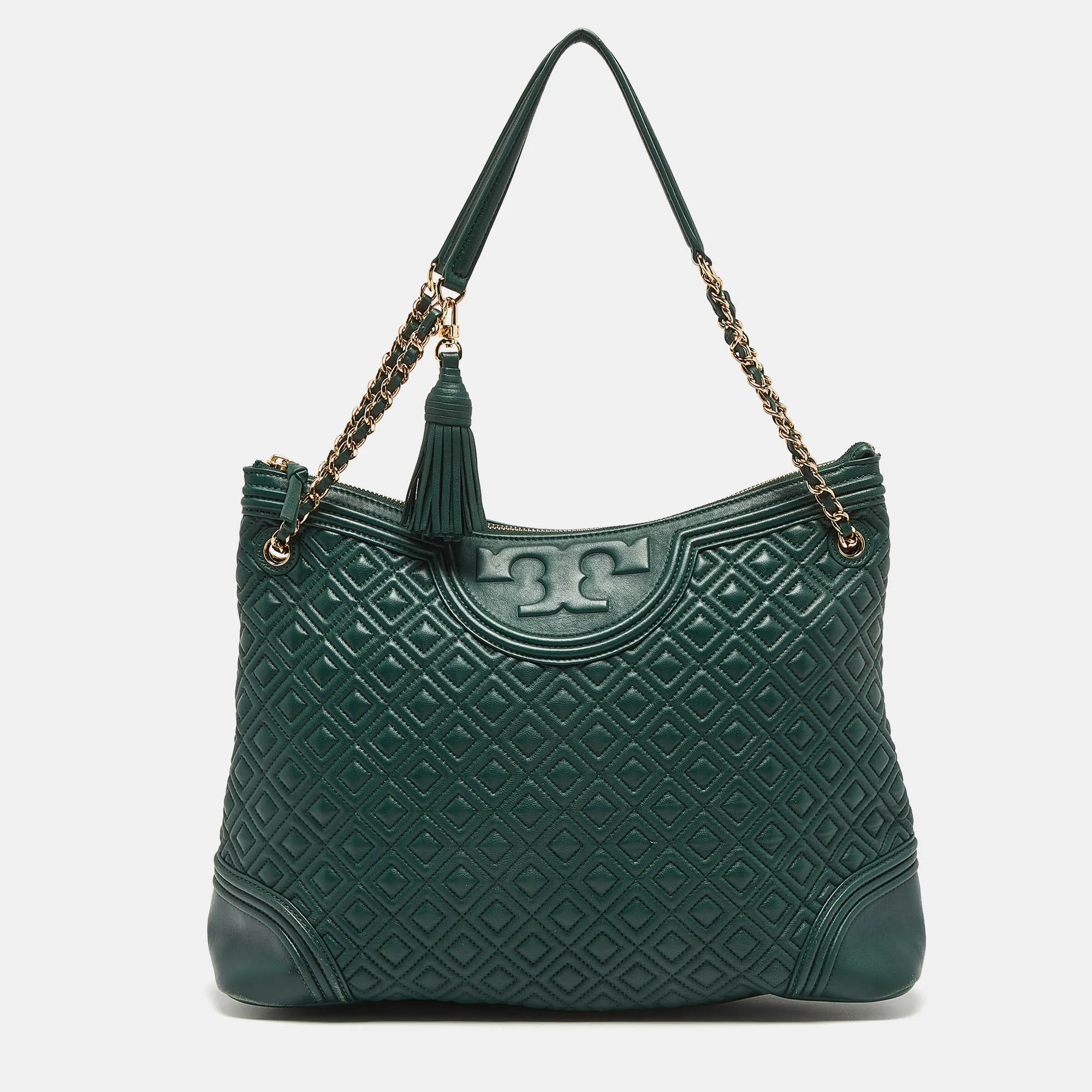 Green Leather Fleming Top Zip Shoulder Bag