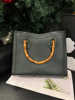 Gucci Dark Green Bamboo Handle Tote Handbag B1402