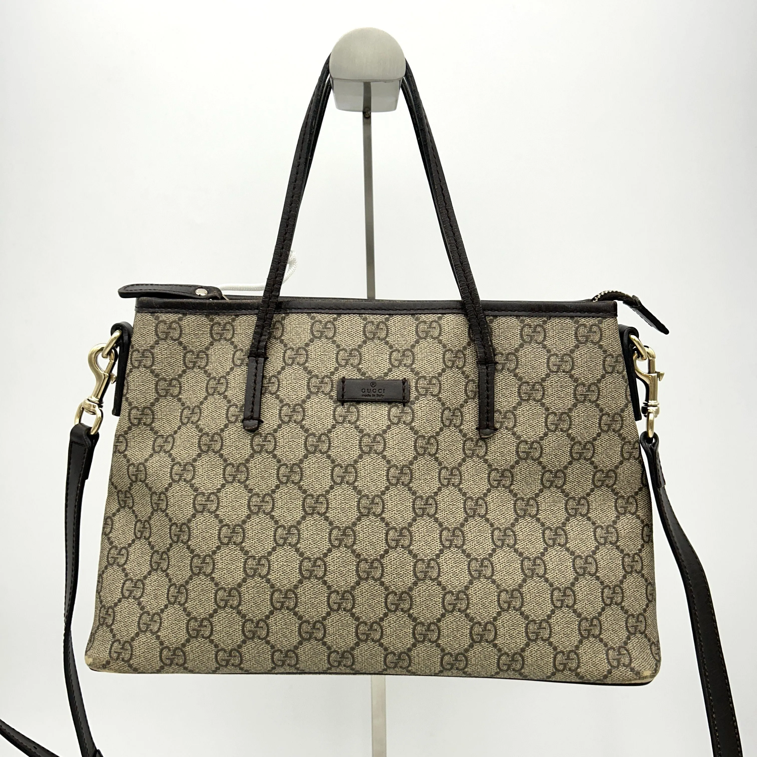 GUCCI GG Supreme Monogram Medium Zippered Tote Dark Brown LA12293