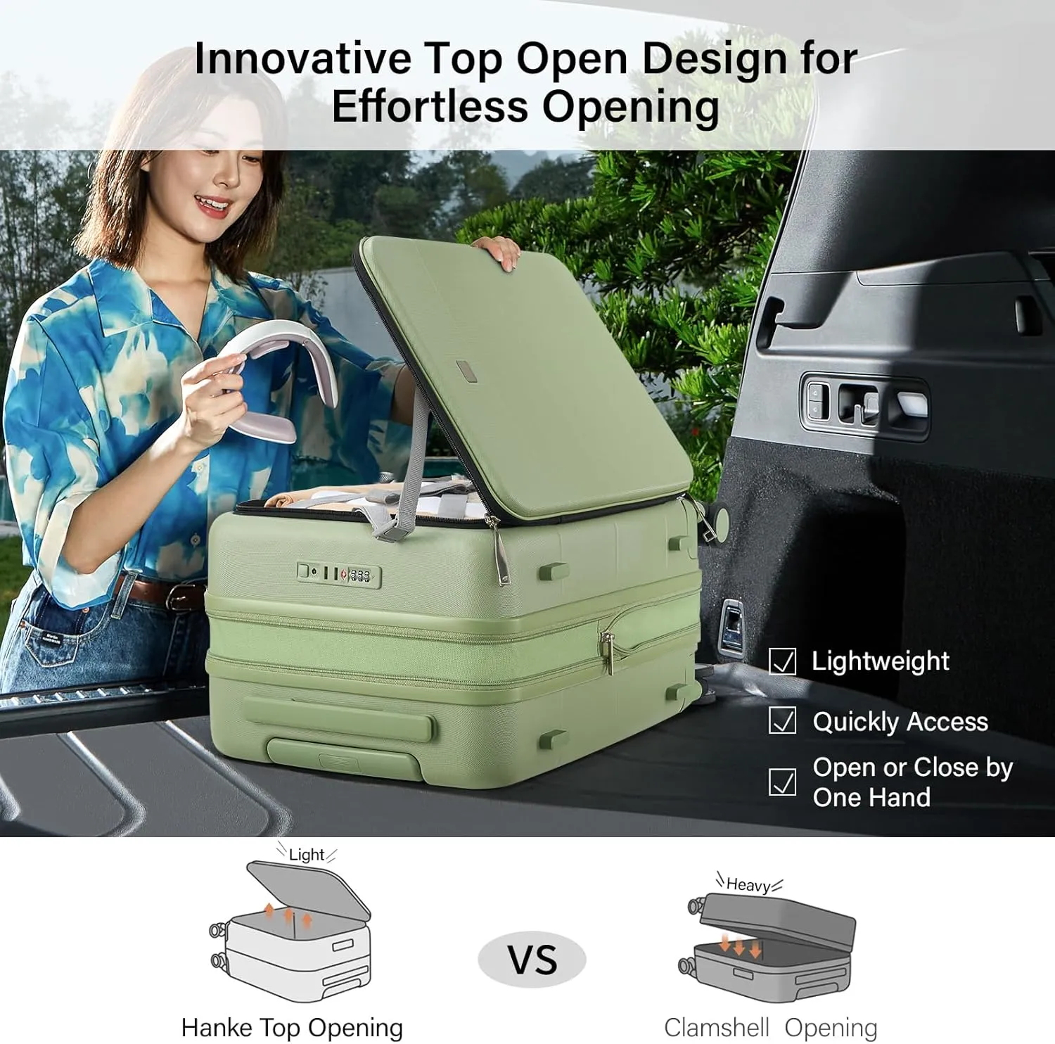 Hanke 20 Inch Expandable Carry on Luggage Hard Shell Suitcases with Wheels Top Opening TSA Luggage Rolling Suitcase for Travel Luggage Carry On Bag(Bamboo Green)