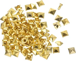 HARFINGTON 100 Set Square Pyramid Rivet 6mm Leather Rivets Metal Spike Studs for Clothing Belts Bags Shoes Punk Rock, Gold Tone