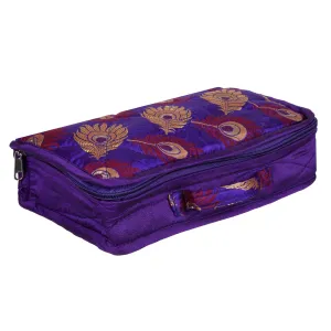 Kuber Industries Jewellery Kit | Satin Morpankh Print Jewellery Kit | 4 Flappable Pouches & 2 Extra Compartment | Cosmetic Kit for Necklace | Bracelet | Purple