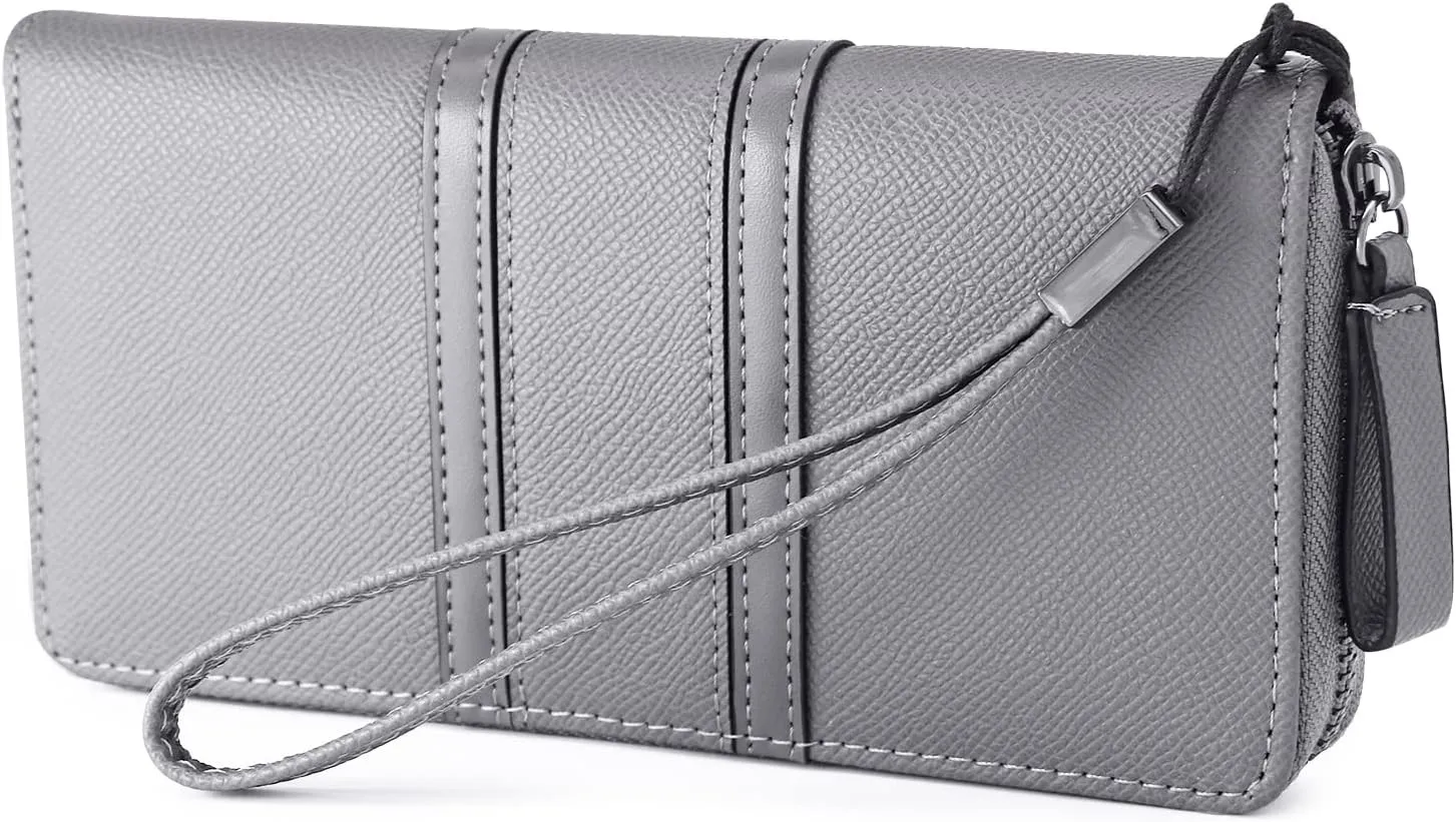 Large Capacity Wristlet Wallets for Women Zipper Wallets for Women Long Checkbook Clutch Ladies Wallets Vegan Leather with Wrist Strap (Grey)