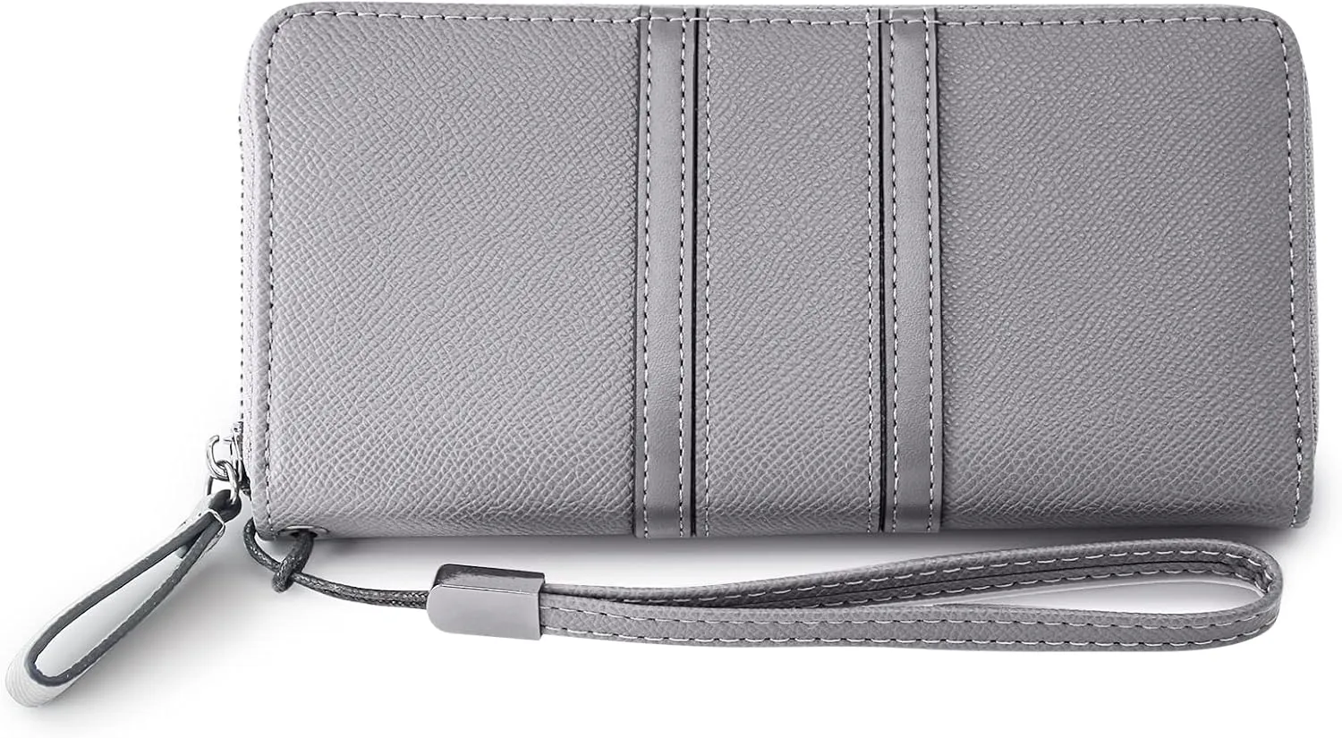 Large Capacity Wristlet Wallets for Women Zipper Wallets for Women Long Checkbook Clutch Ladies Wallets Vegan Leather with Wrist Strap (Grey)