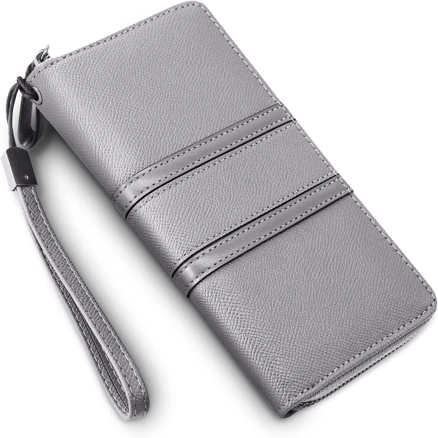 Large Capacity Wristlet Wallets for Women Zipper Wallets for Women Long Checkbook Clutch Ladies Wallets Vegan Leather with Wrist Strap (Grey)