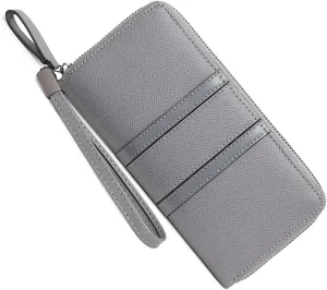 Large Capacity Wristlet Wallets for Women Zipper Wallets for Women Long Checkbook Clutch Ladies Wallets Vegan Leather with Wrist Strap (Grey)