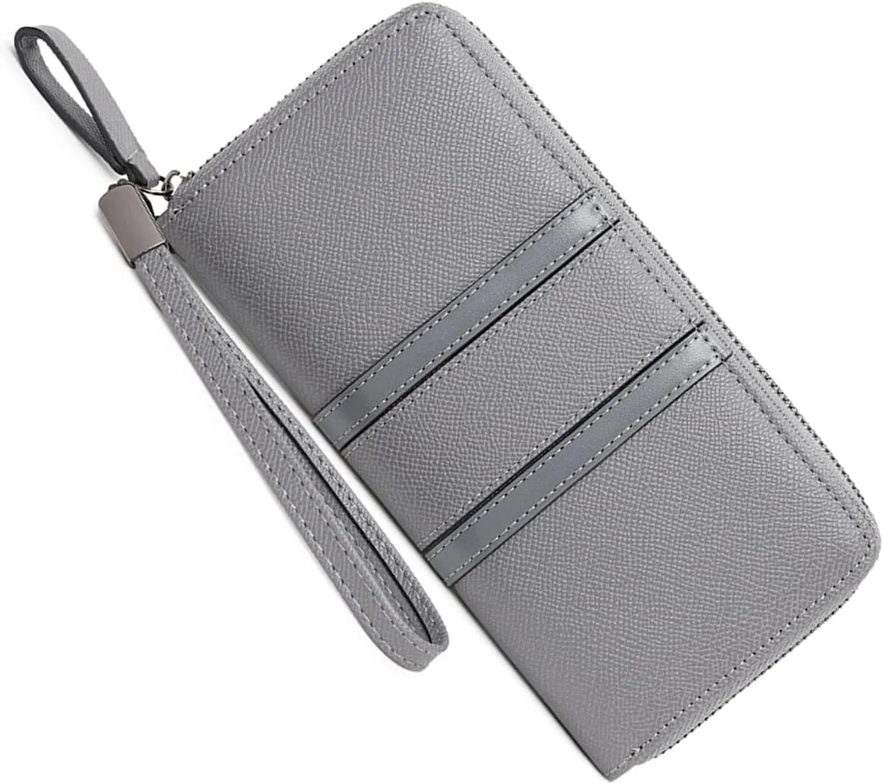 Large Capacity Wristlet Wallets for Women Zipper Wallets for Women Long Checkbook Clutch Ladies Wallets Vegan Leather with Wrist Strap (Grey)