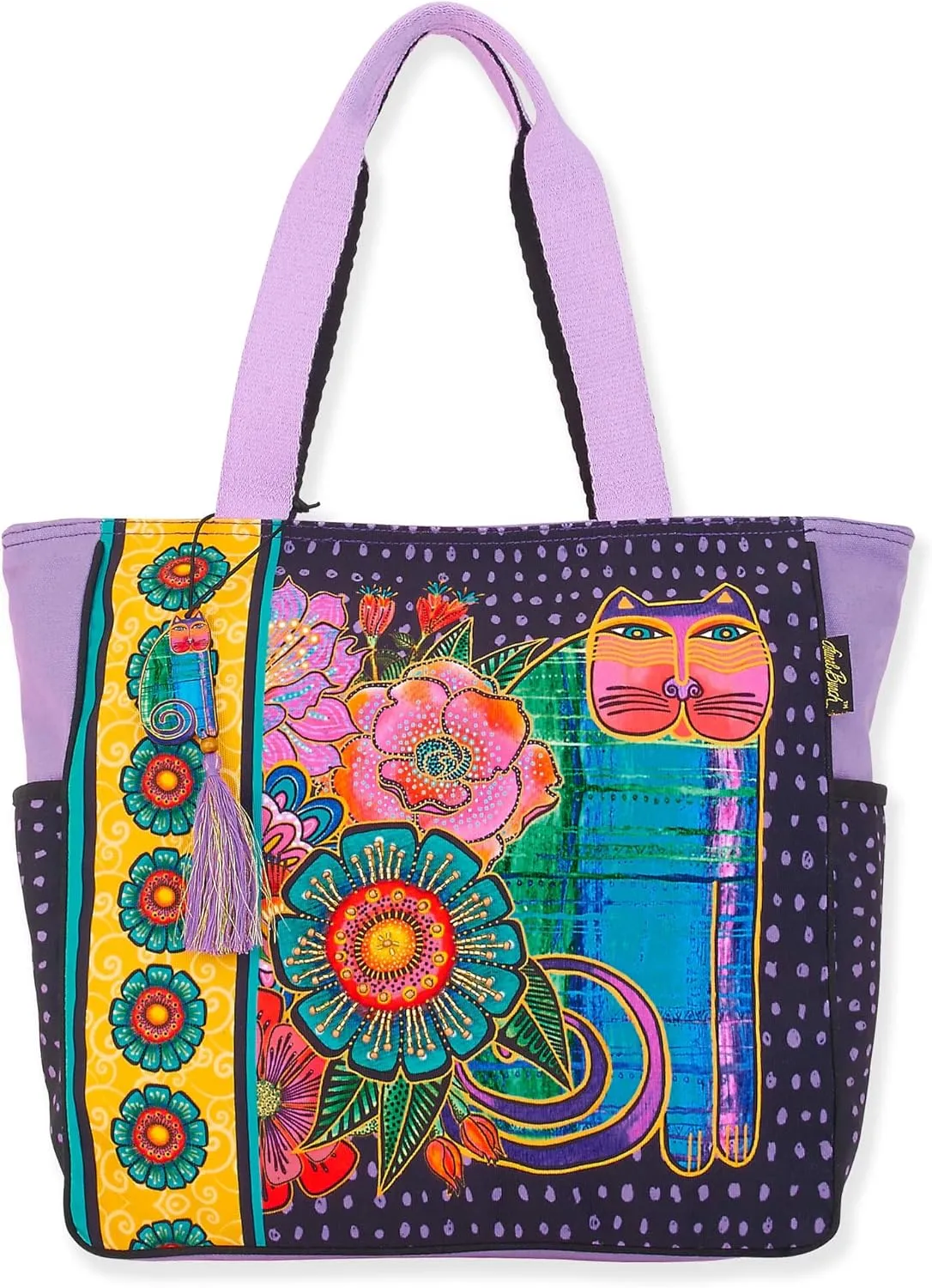 Laurel Burch Acacia Felines and Flowers Large Purple Tote Bag