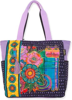 Laurel Burch Acacia Felines and Flowers Large Purple Tote Bag