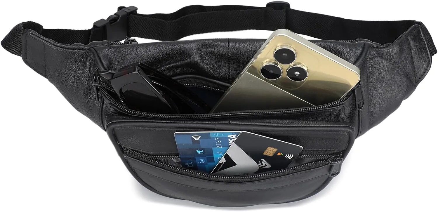 Leatherboss Genuine Leather Designer Travel Fanny Pack Holder Bag with Waist Belt, Black