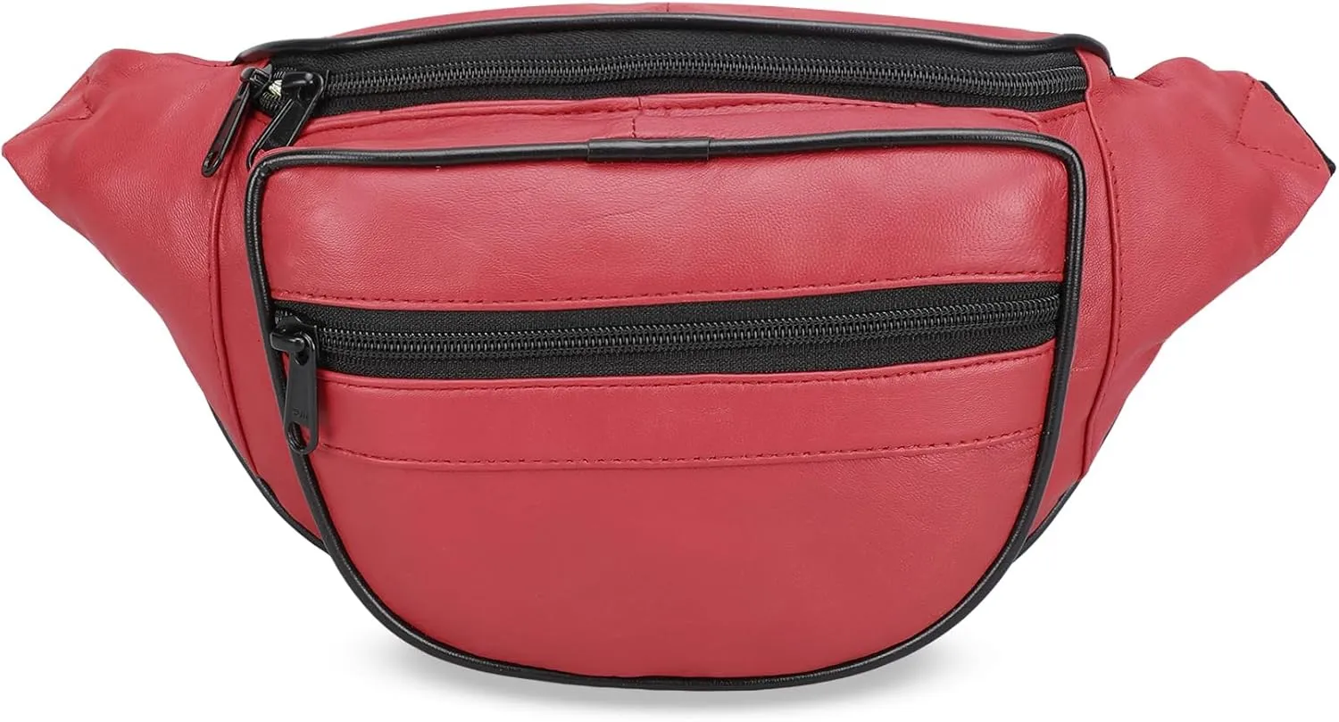 Leatherboss Genuine Leather Designer Travel Fanny Pack Holder Bag with Waist Belt, Red