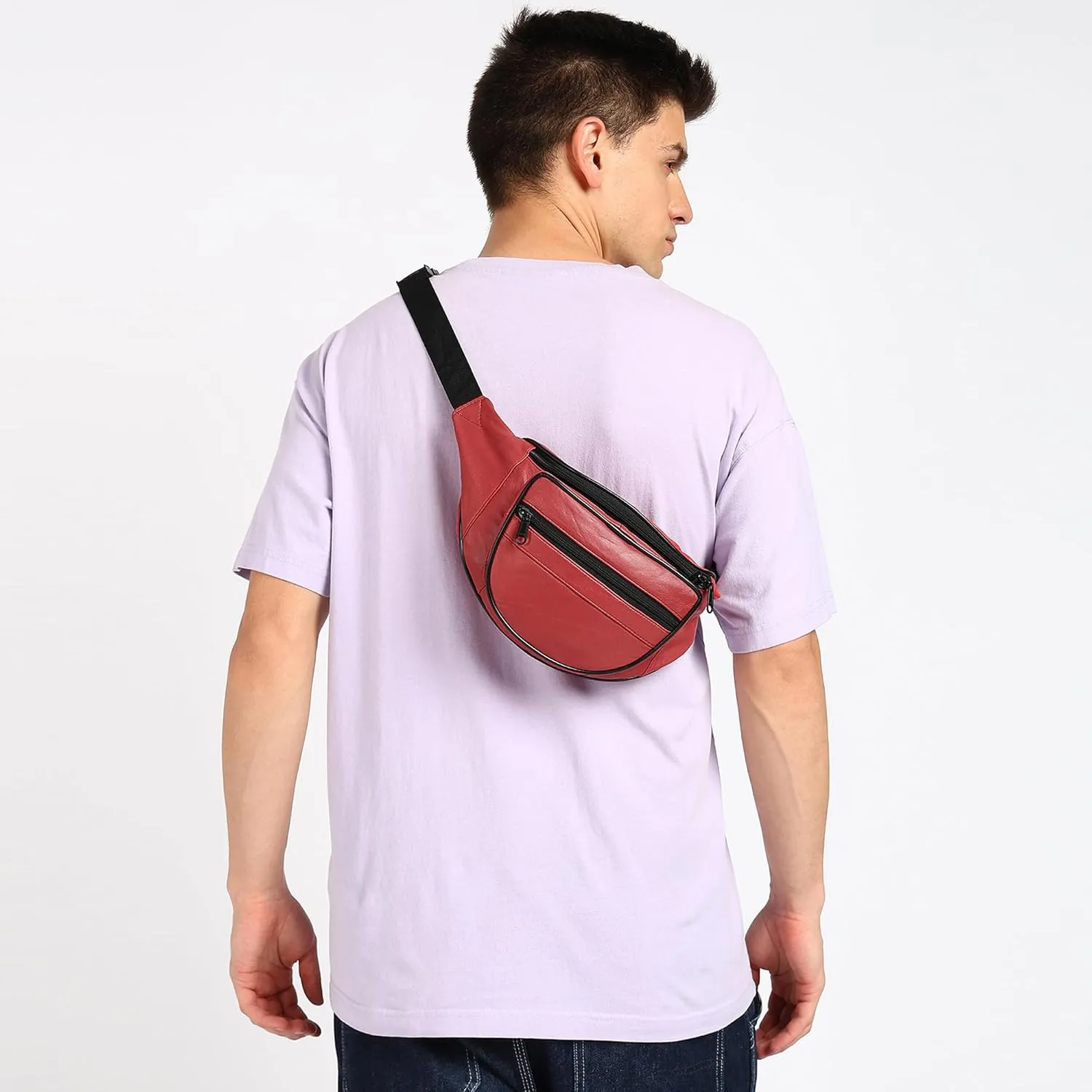 Leatherboss Genuine Leather Designer Travel Fanny Pack Holder Bag with Waist Belt, Red