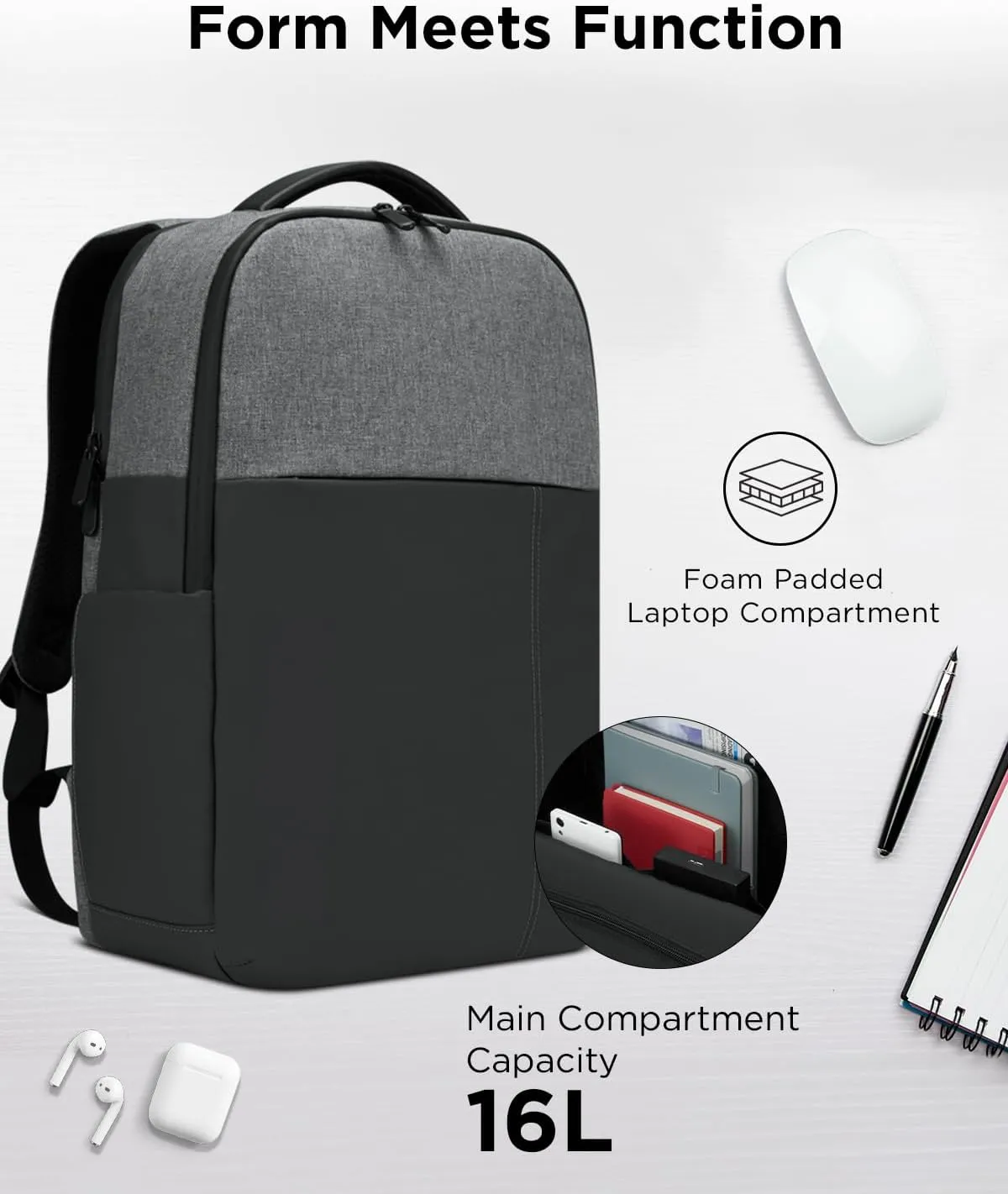 Lenovo 15.6-inch Laptop Backpack (B200) - 16L Capacity Padded Tablet & Computer Bag with 6 Pockets  Slim Everyday Water- Resistant Backpack, Grey