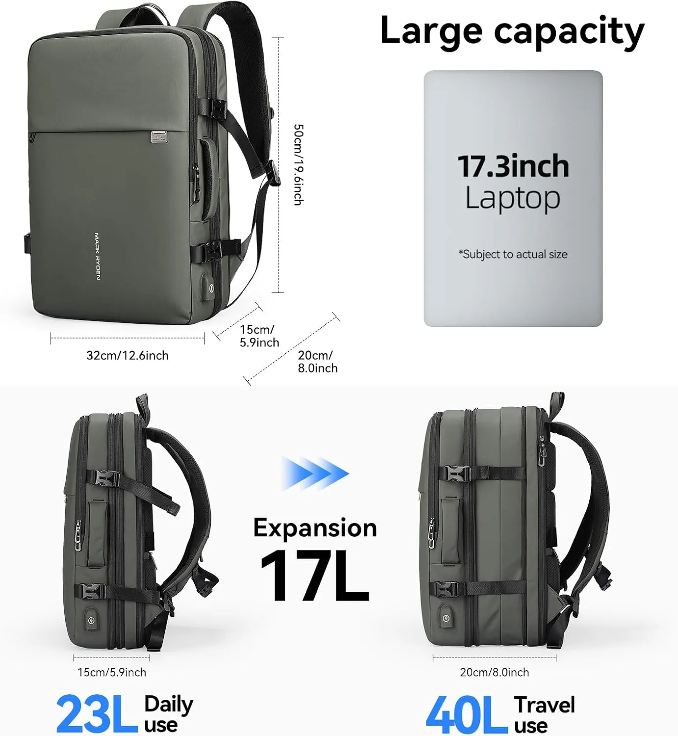 MARK RYDEN Travel Backpack for Men, 40L Airline Approved Carry on Backpack with USB Charging Port, 17.3 Inch Waterproof Business Laptop Backpack