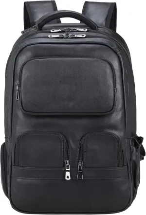 Masa Kawa Genuine Leather 15.6 Inch Laptop Backpack for Men Black Large Business Travel Rucksack Bag Overnight Daypack