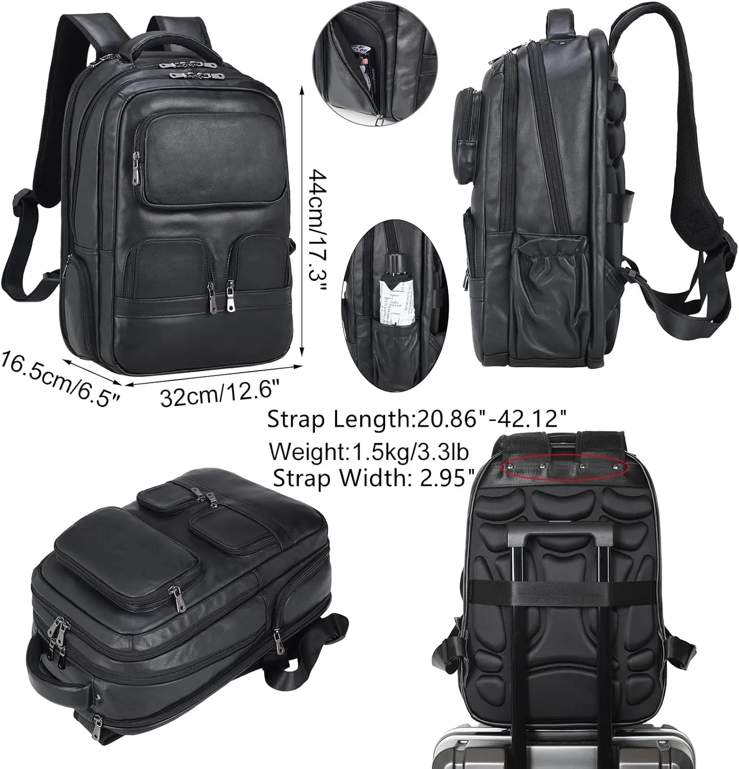 Masa Kawa Genuine Leather 15.6 Inch Laptop Backpack for Men Black Large Business Travel Rucksack Bag Overnight Daypack