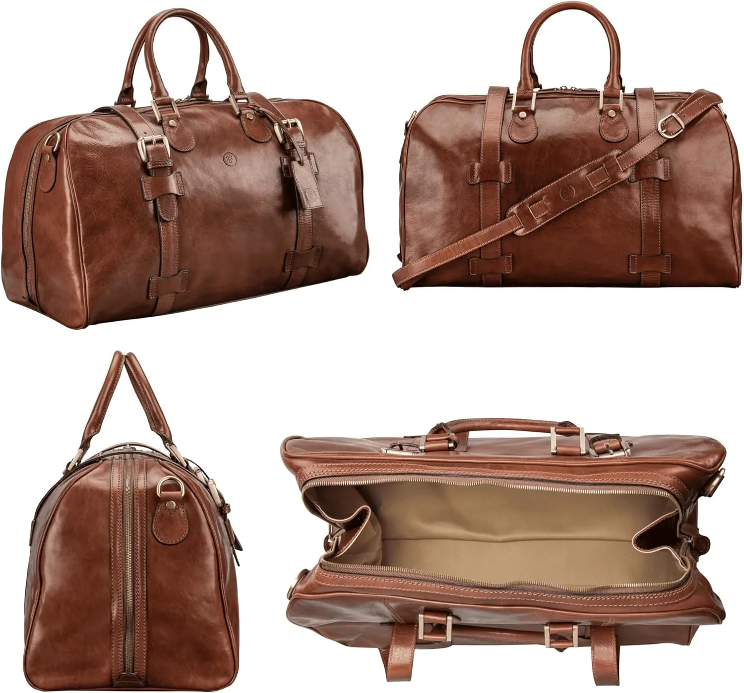 Maxwell Scott Men's Italian Leather Duffle Bag - Luxury Handmade Travel Weekender, 38L Carry-On Cabin Size with Dual Floor-To-Floor Zip Opening - Chestnut Tan Brown (The FleroM)