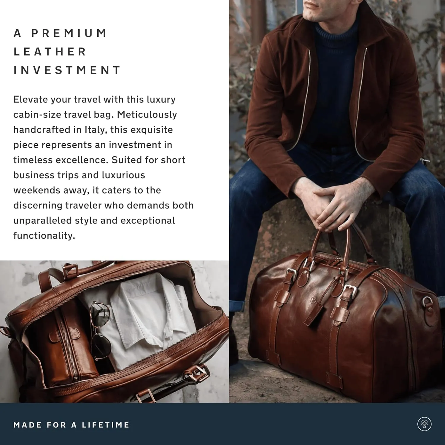Maxwell Scott Men's Italian Leather Duffle Bag - Luxury Handmade Travel Weekender, 38L Carry-On Cabin Size with Dual Floor-To-Floor Zip Opening - Chestnut Tan Brown (The FleroM)