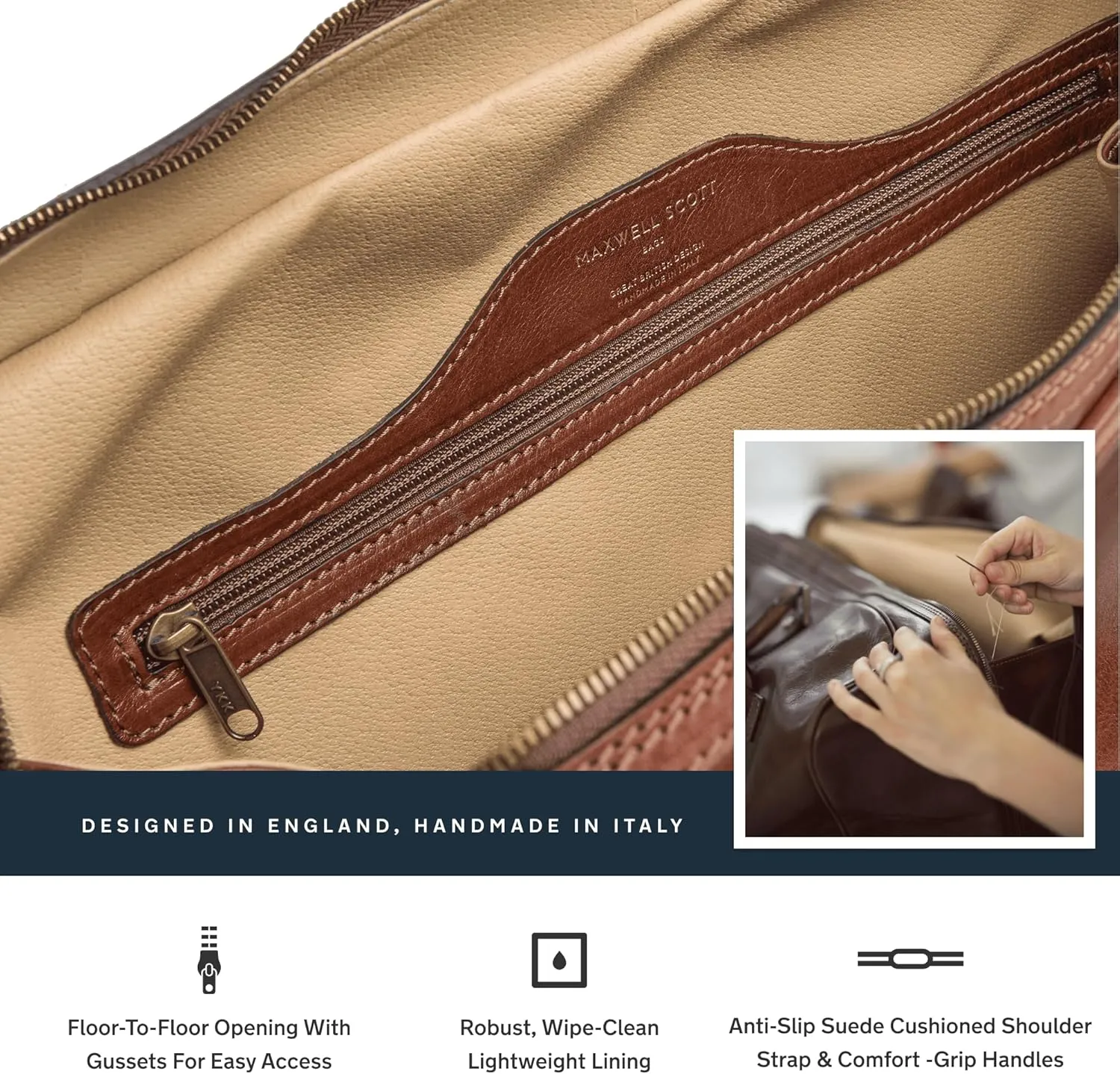 Maxwell Scott Men's Italian Leather Duffle Bag - Luxury Handmade Travel Weekender, 38L Carry-On Cabin Size with Dual Floor-To-Floor Zip Opening - Chestnut Tan Brown (The FleroM)