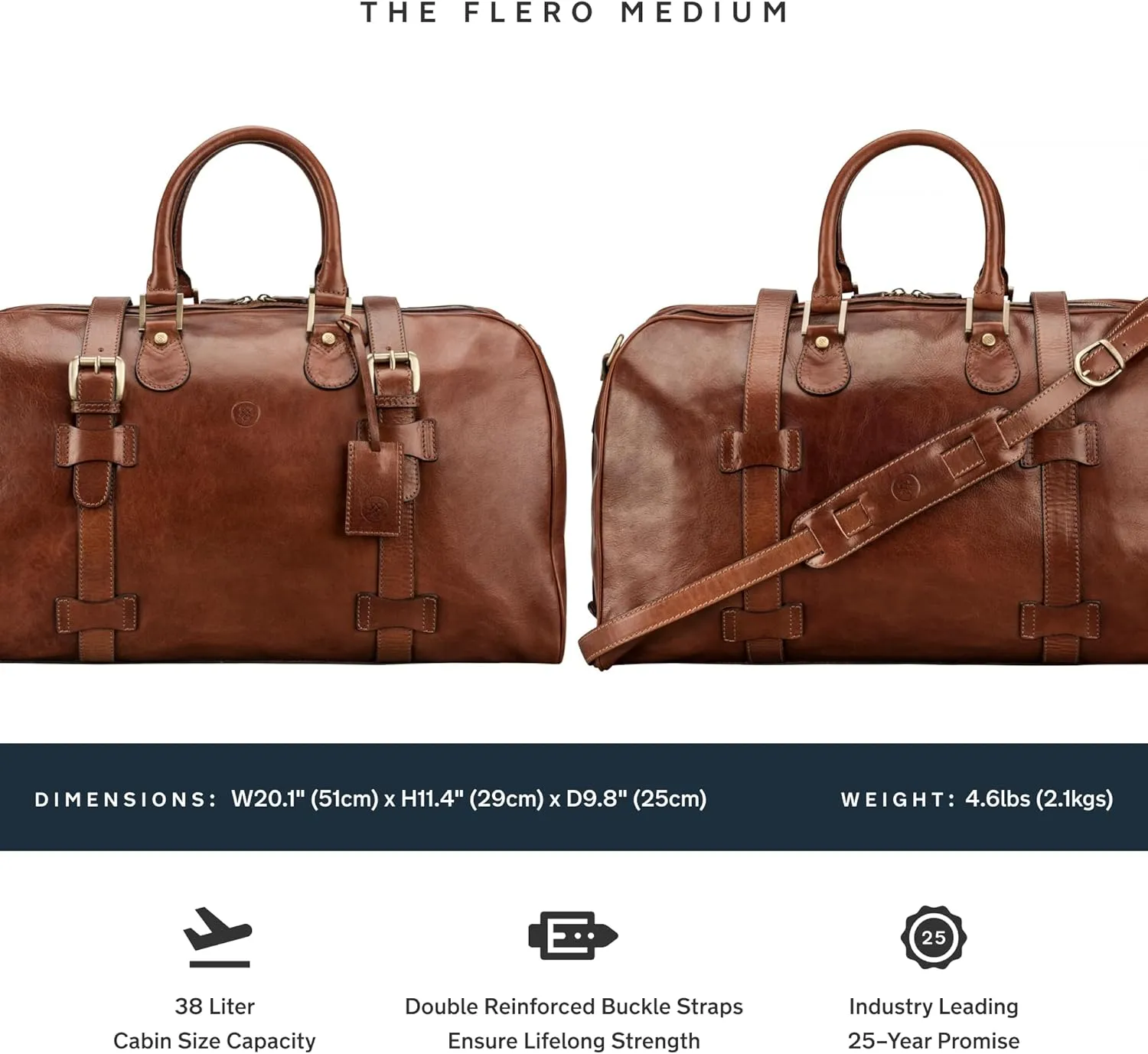 Maxwell Scott Men's Italian Leather Duffle Bag - Luxury Handmade Travel Weekender, 38L Carry-On Cabin Size with Dual Floor-To-Floor Zip Opening - Chestnut Tan Brown (The FleroM)